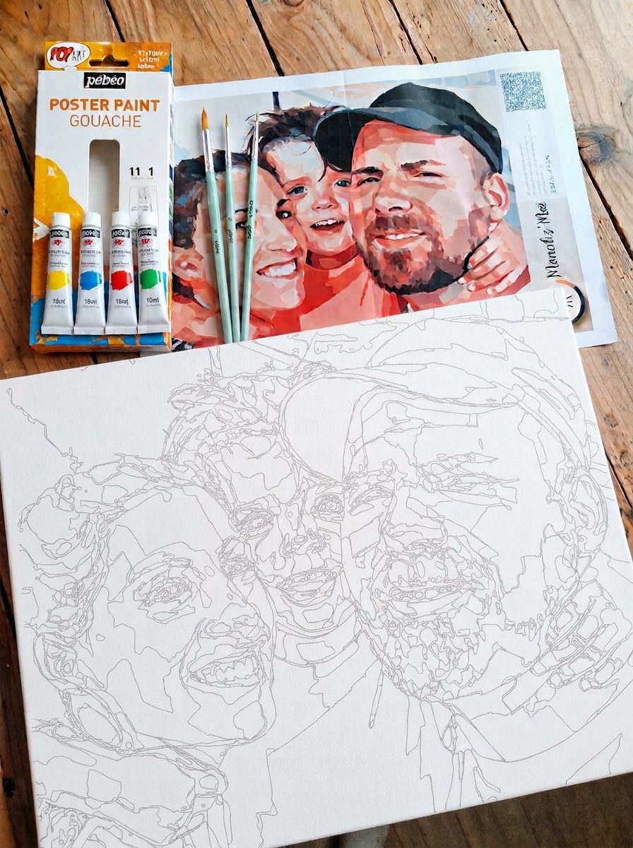 Kit reçu par une cliente : toile pré-dessinée, aperçu couleur imprimé, gouaches Pébéo et pinceaux