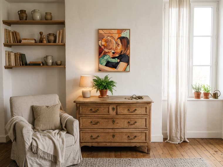 Toile peinte accrochée dans un intérieur chaleureux